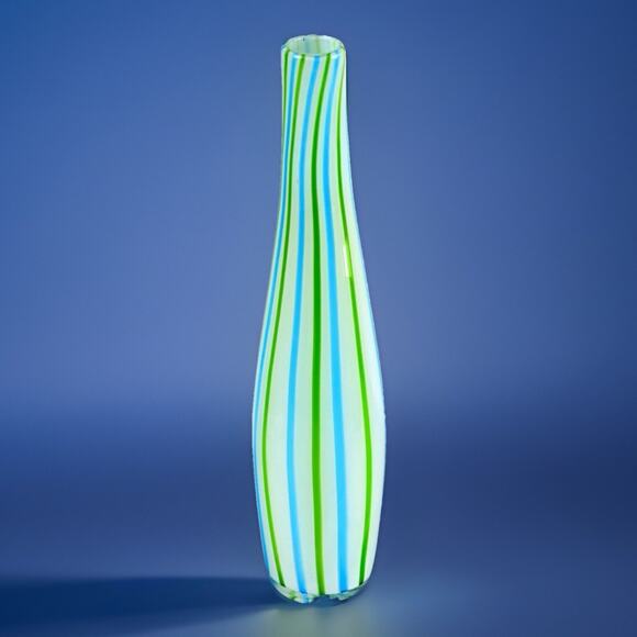 Hand Blown Art Glass Vase 13.5” Blue Green White Ribbon Stripe Murano Style - Picture 4 of 9